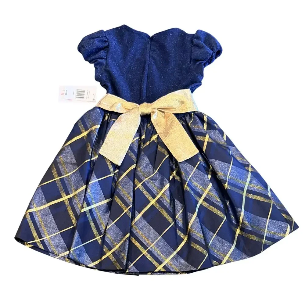 Bonnie Jean Little & Big Kid Girls Short Sleeve Fit+Flare Dress Blue & Gold Sz.7